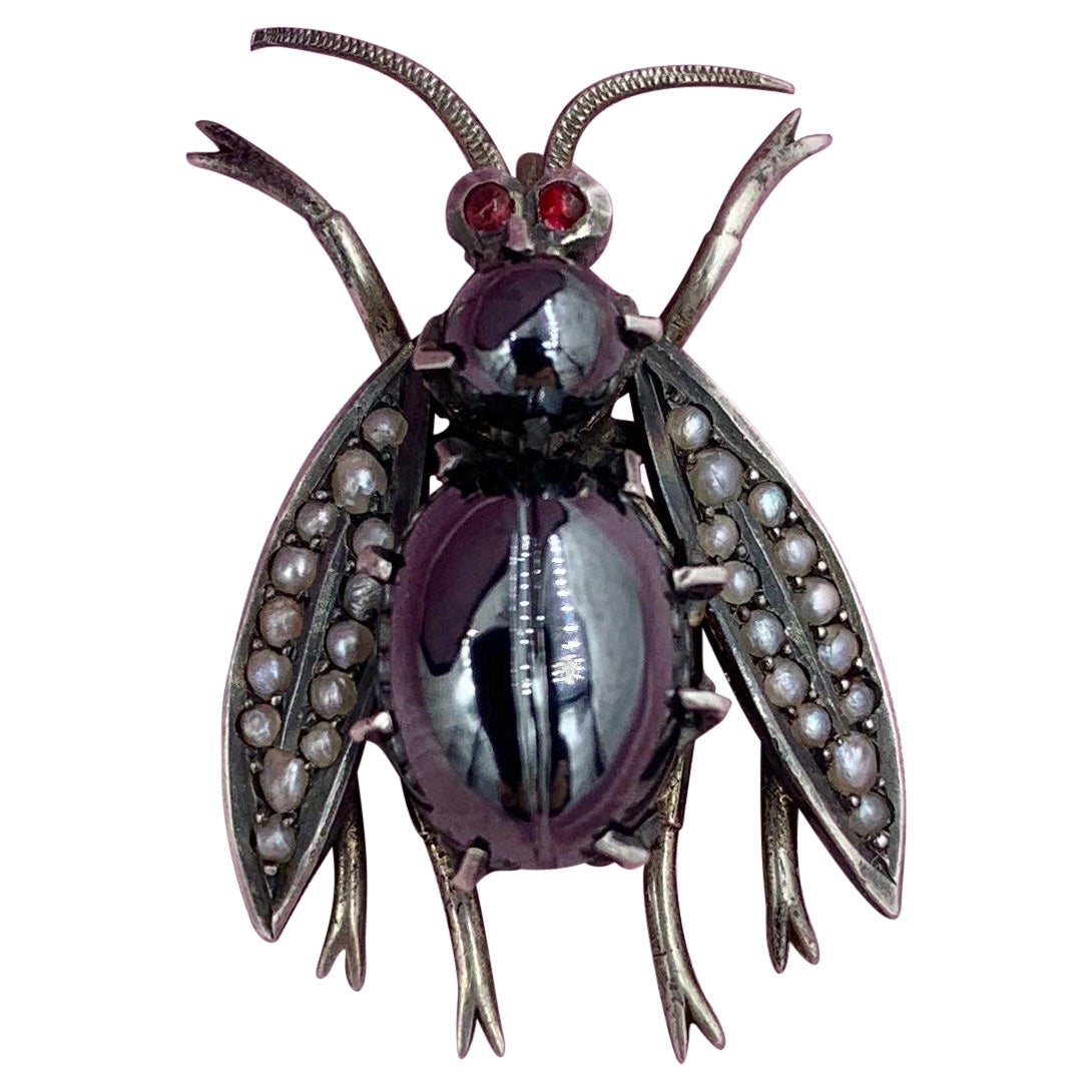 Antique Hematite Ruby Pearl Fly Bug Insect Pendant Victorian Edwardian For Sale