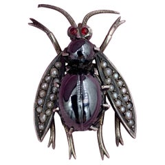 Antique Hematite Ruby Pearl Fly Bug Insect Pendant Victorian Edwardian