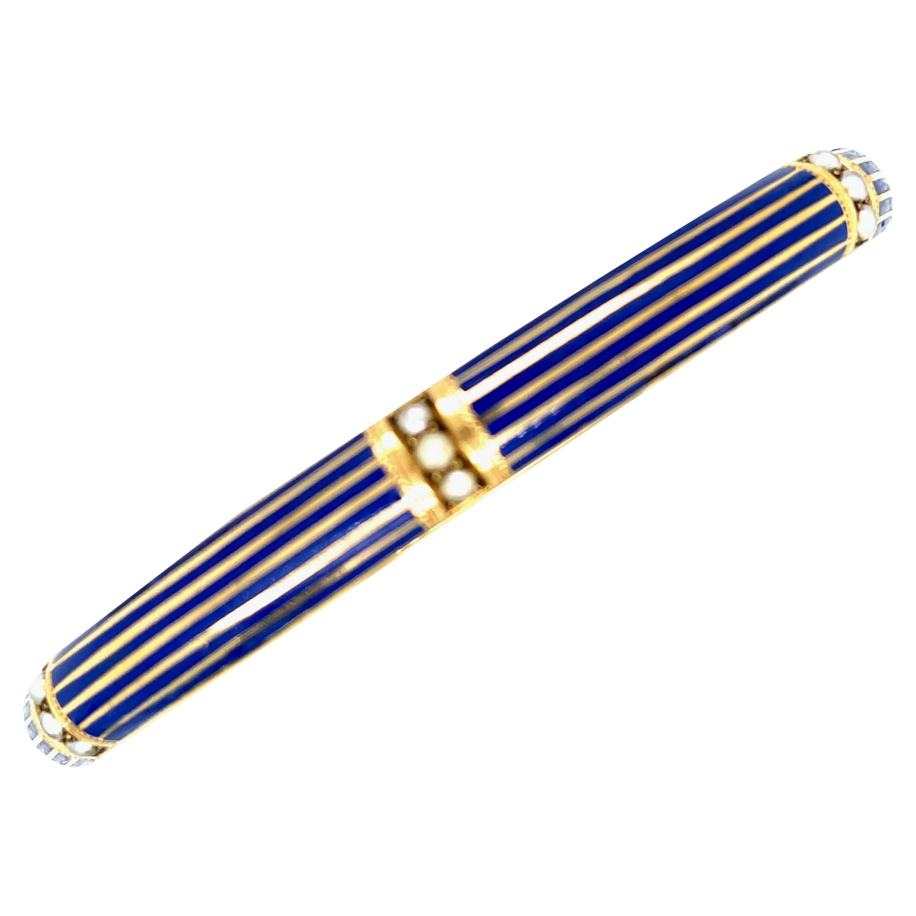 Antique 14 Karat Gold Blue Enamel Pearl Bangle Bracelet by Riker Brothers