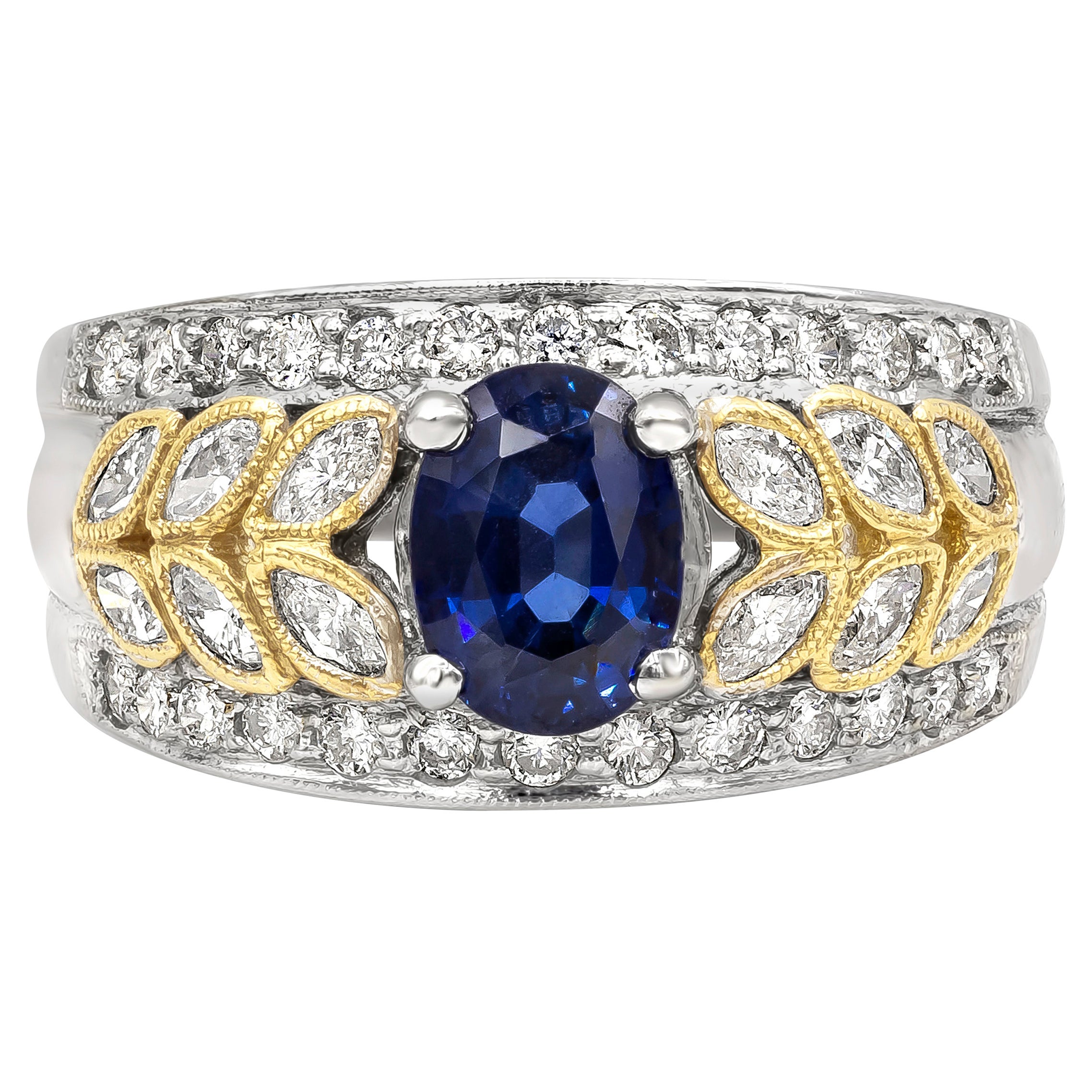 Roman Malakov 1.44 Carats Oval Blue Sapphire and Mixed Cut Diamonds Fashion Ring For Sale