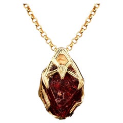 Red Spinel Crystal 18K Yellow Gold Pendant Dark Cherry Natural Raw Uncut Stone