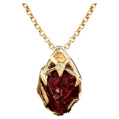 Red Spinel Crystal 18K Yellow Gold Pendant Dark Cherry Natural Raw Uncut Stone