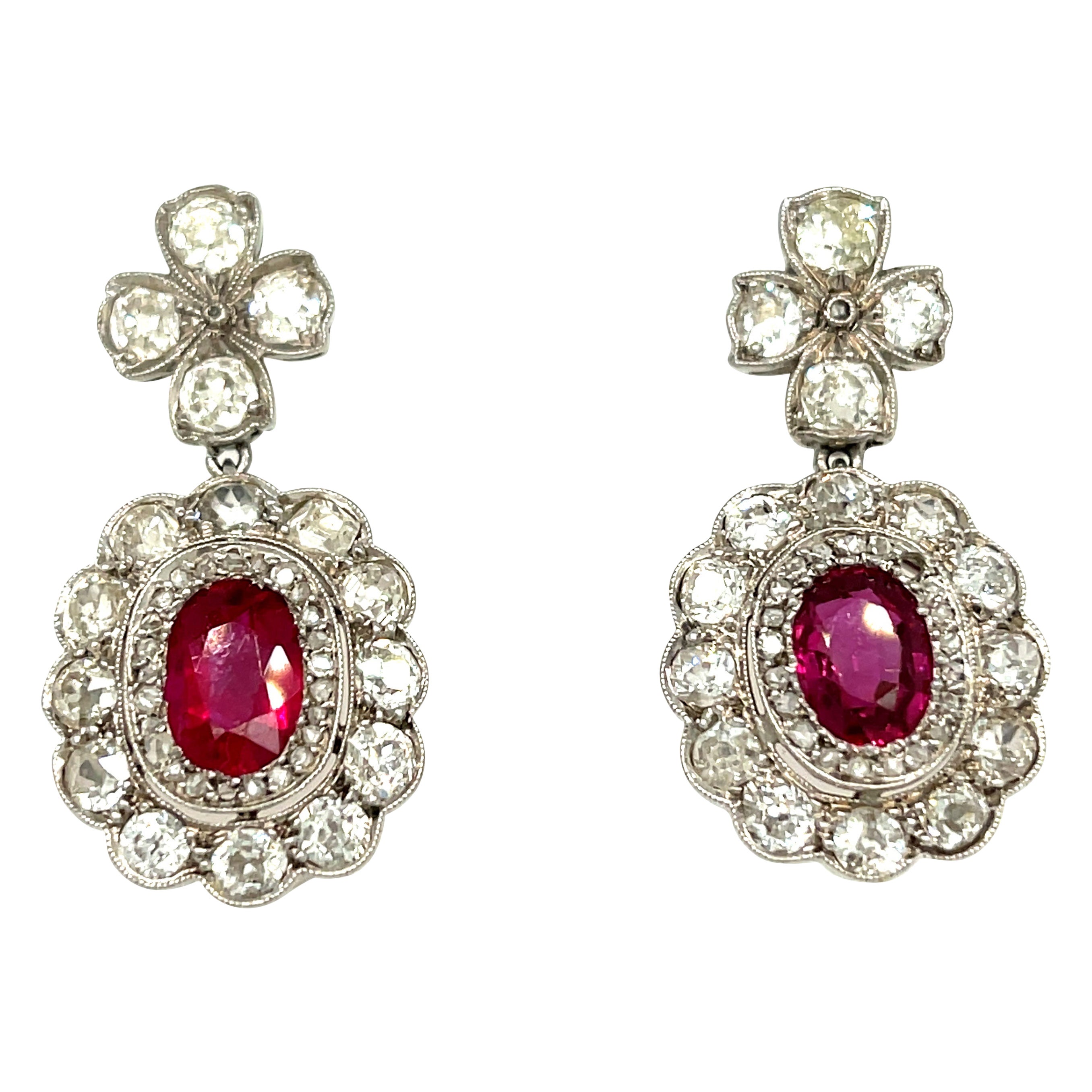 Antique Edwardian Platinum Diamond Burma Ruby Dangle Earrings