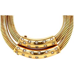 Antique Retro 14 Karat Gold Double Gas Pipe Necklace with Diamonds