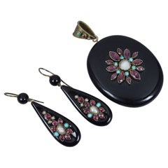 Boxed Mid Victorian Onyx Garnet Turquoise Locket Pendant and Earrings Set, c1860
