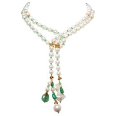 Pearl, Emerald and 22K Gold Lariat Necklace by Deborah Lockhart Phillips