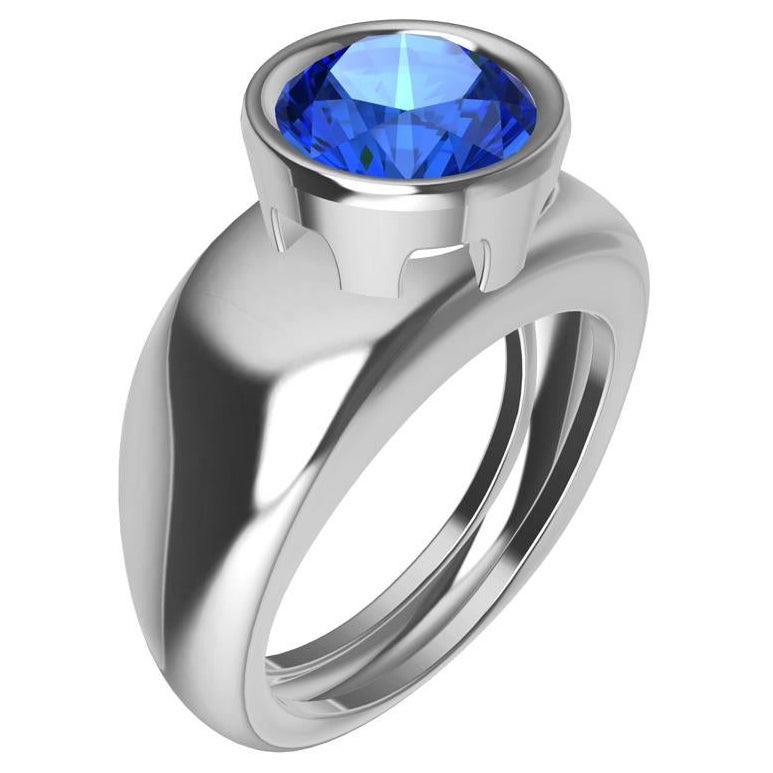 18 Karat White Gold Round Blue Sapphire 2.69 Carat Sculpture Ring