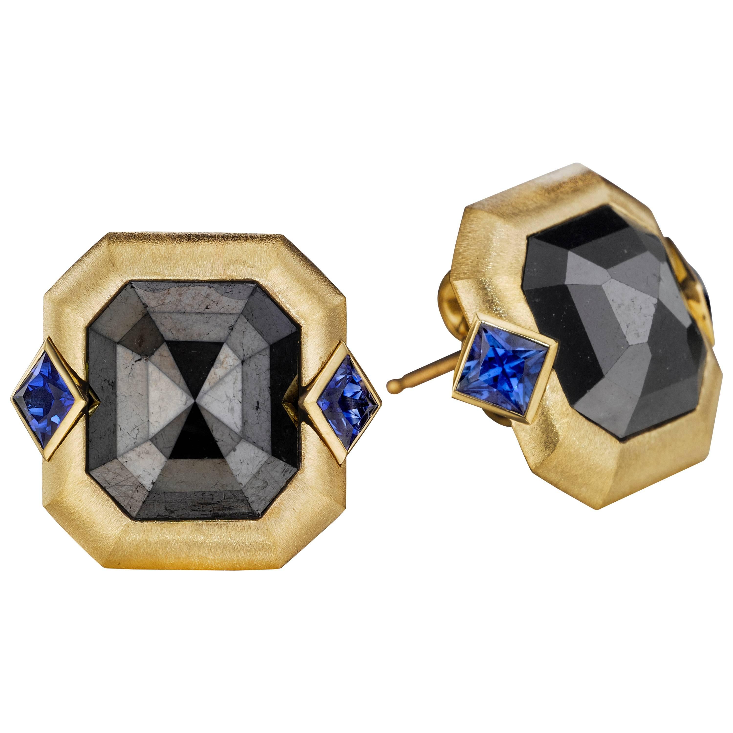 Naomi Sarna Blue Sapphire Black Diamond Gold Earrings For Sale