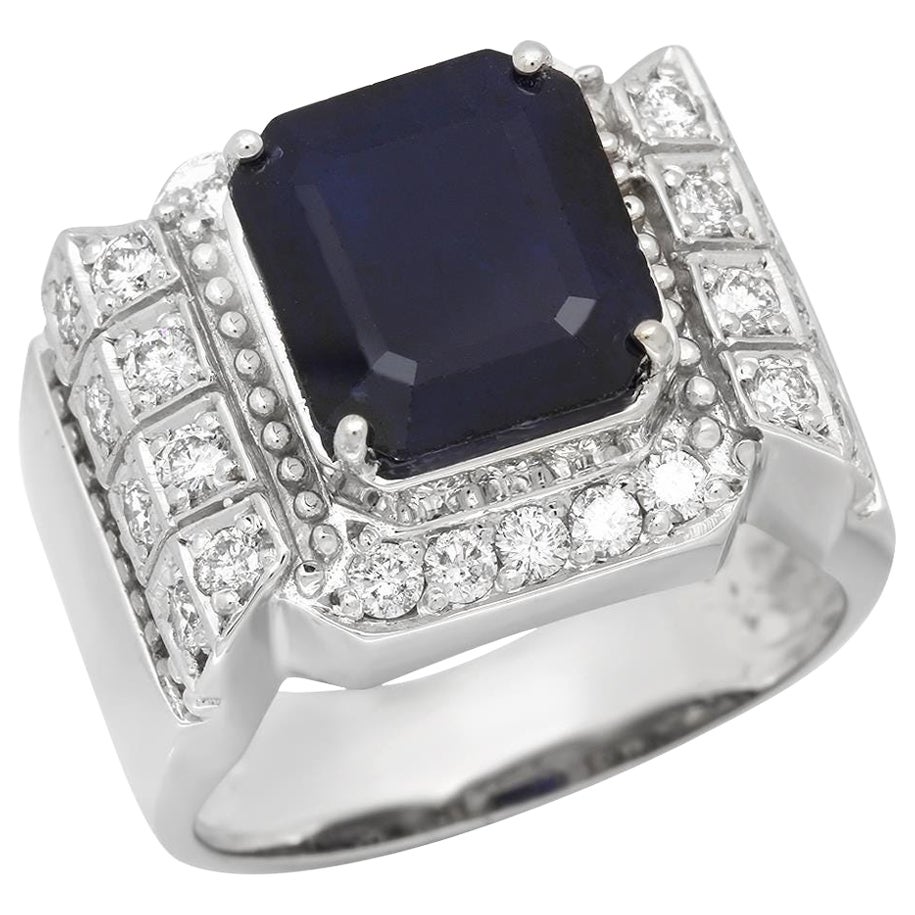 6.30 Carats Natural Blue Sapphire & Diamond 14K Solid White Gold Men's Ring For Sale