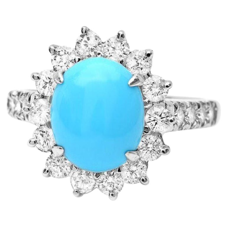4.50 Carats Natural Turquoise and Diamond 14K Solid White Gold Ring For Sale