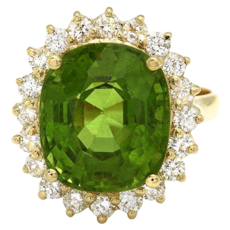 9.70 Carats Natural Peridot and Diamond 14K Solid Yellow Gold Ring