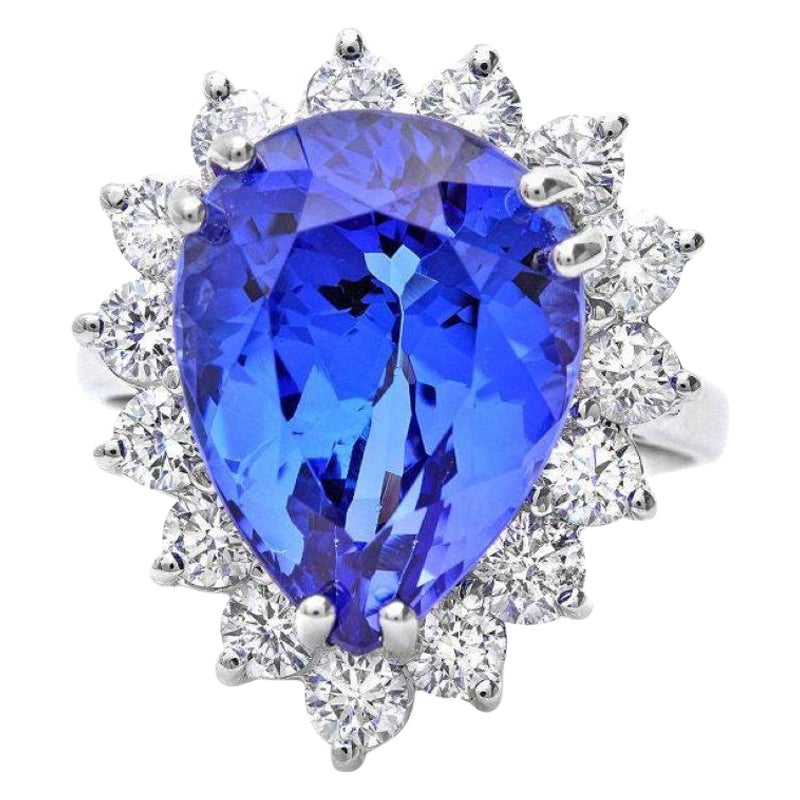 10.10 Carats Natural Tanzanite and Diamond 18K Solid White Gold Ring For Sale