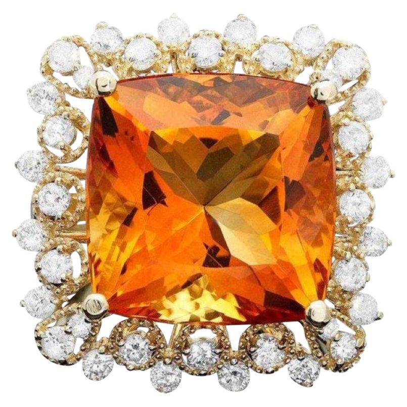 12.80 Carats Natural Citrine and Diamond 14K Solid Yellow Gold Ring For Sale