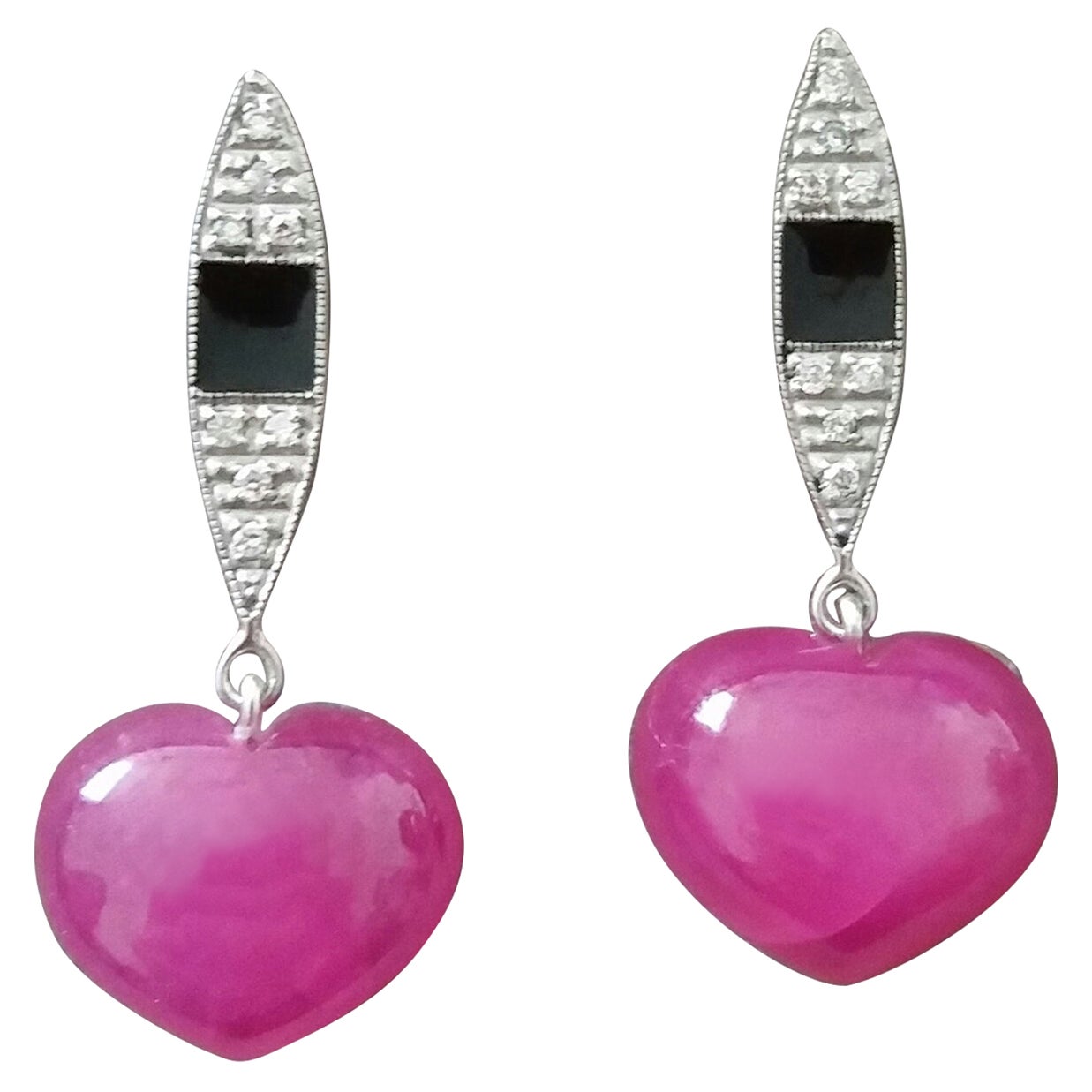 14k Gold Art Deco Style Heart Shape Rubies Diamonds Black Enamel Dangle Earrings For Sale