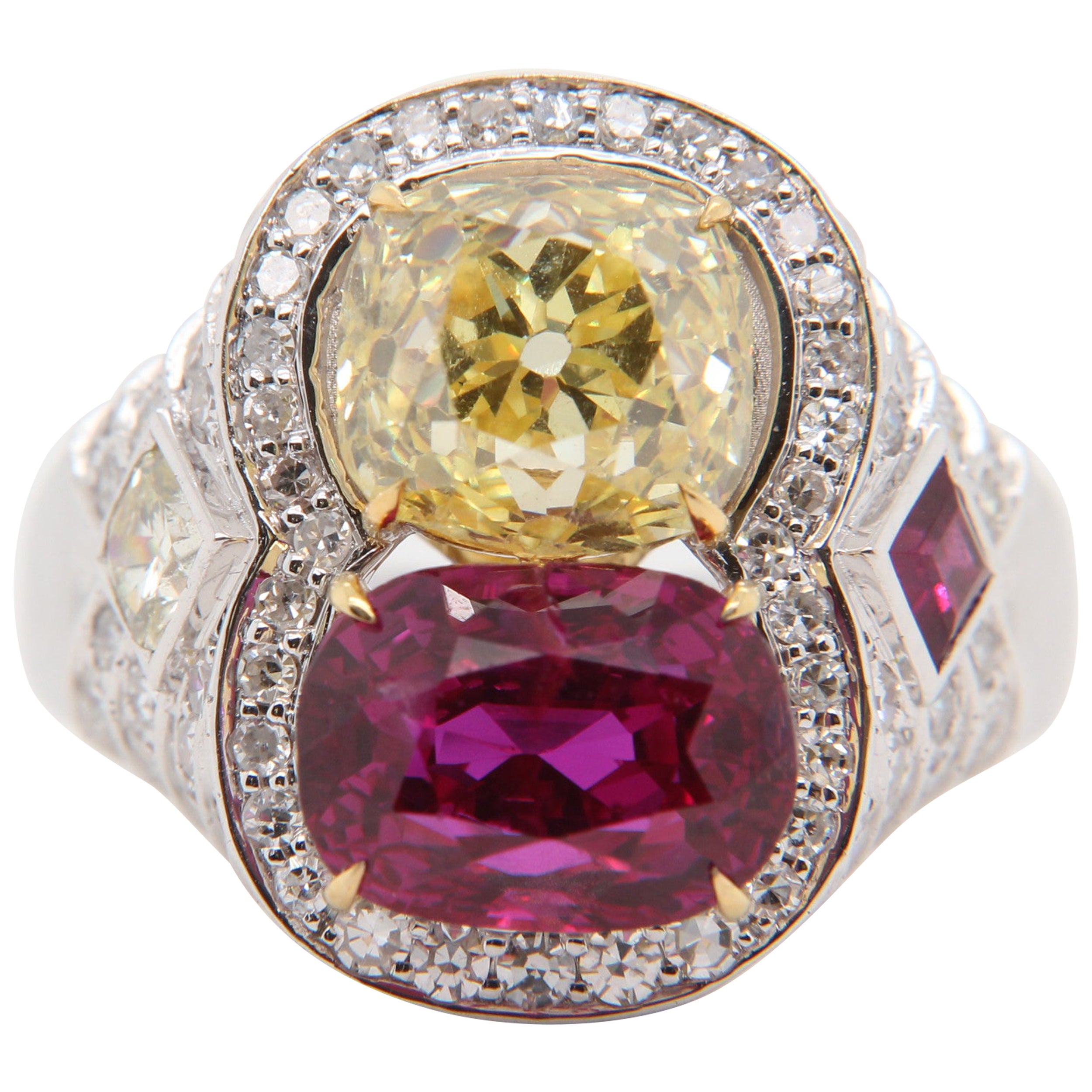 GIA Certified 3.09 'Fancy Intense Yellow' and GRS 'Red' Ruby in 18K Gold Ring For Sale