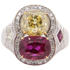GIA Certified 3.09 'Fancy Intense Yellow' and GRS 'Red' Ruby in 18K Gold Ring