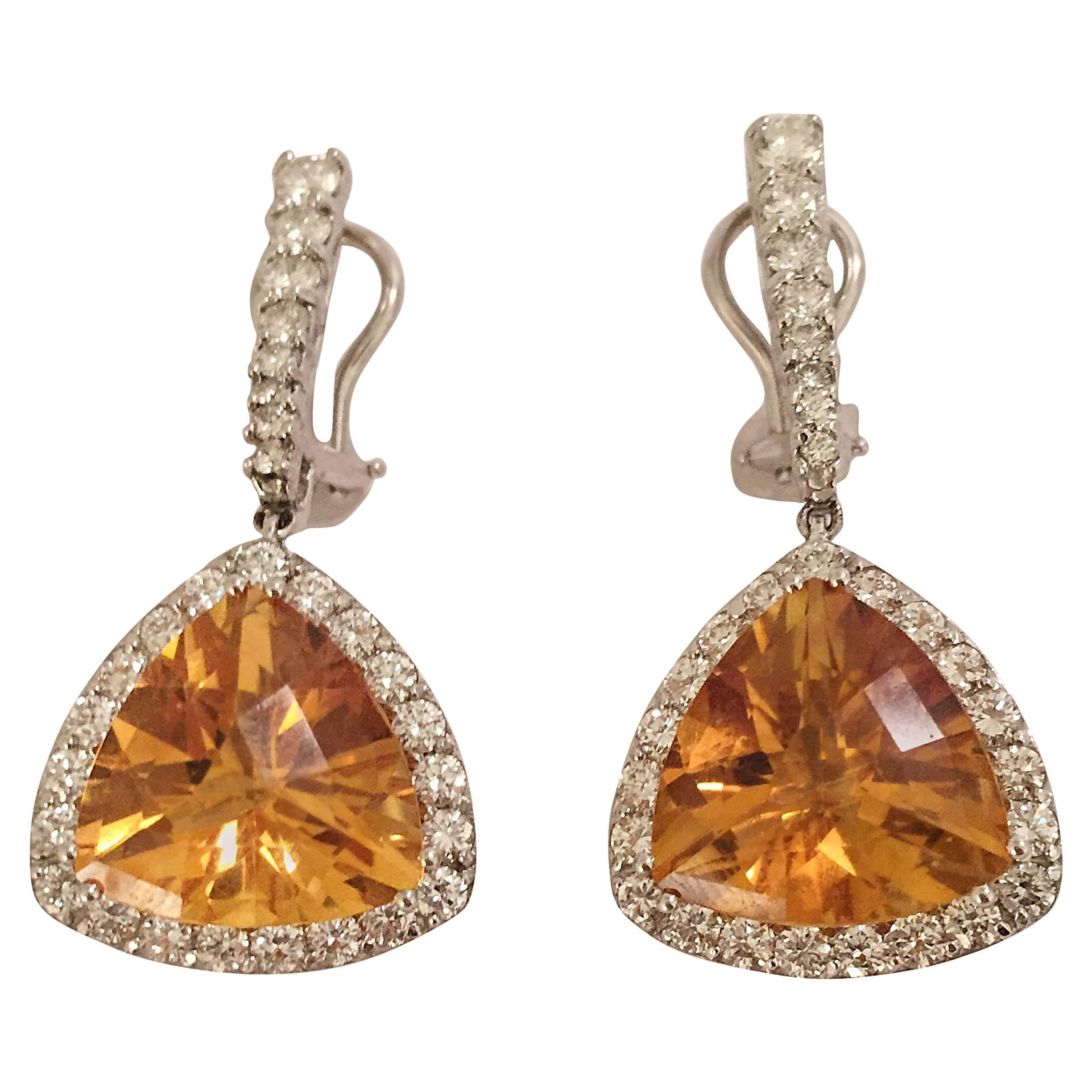 Elegant Citrine Diamond Gold Hanging Earrings For Sale