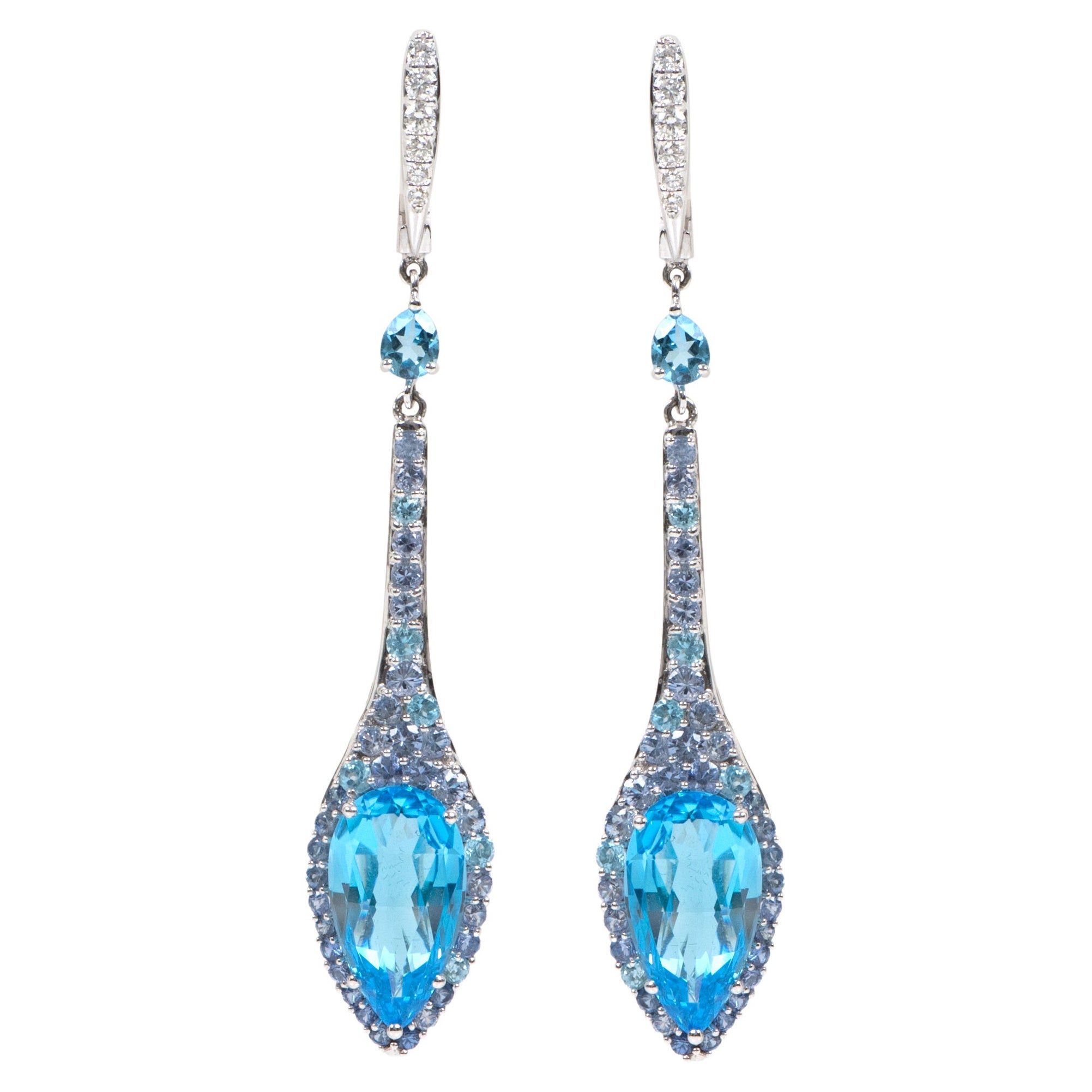 18 Karat White Gold 20.19 Carat Blue Topaz, Diamond, and Tanzanite Drop Earrings For Sale