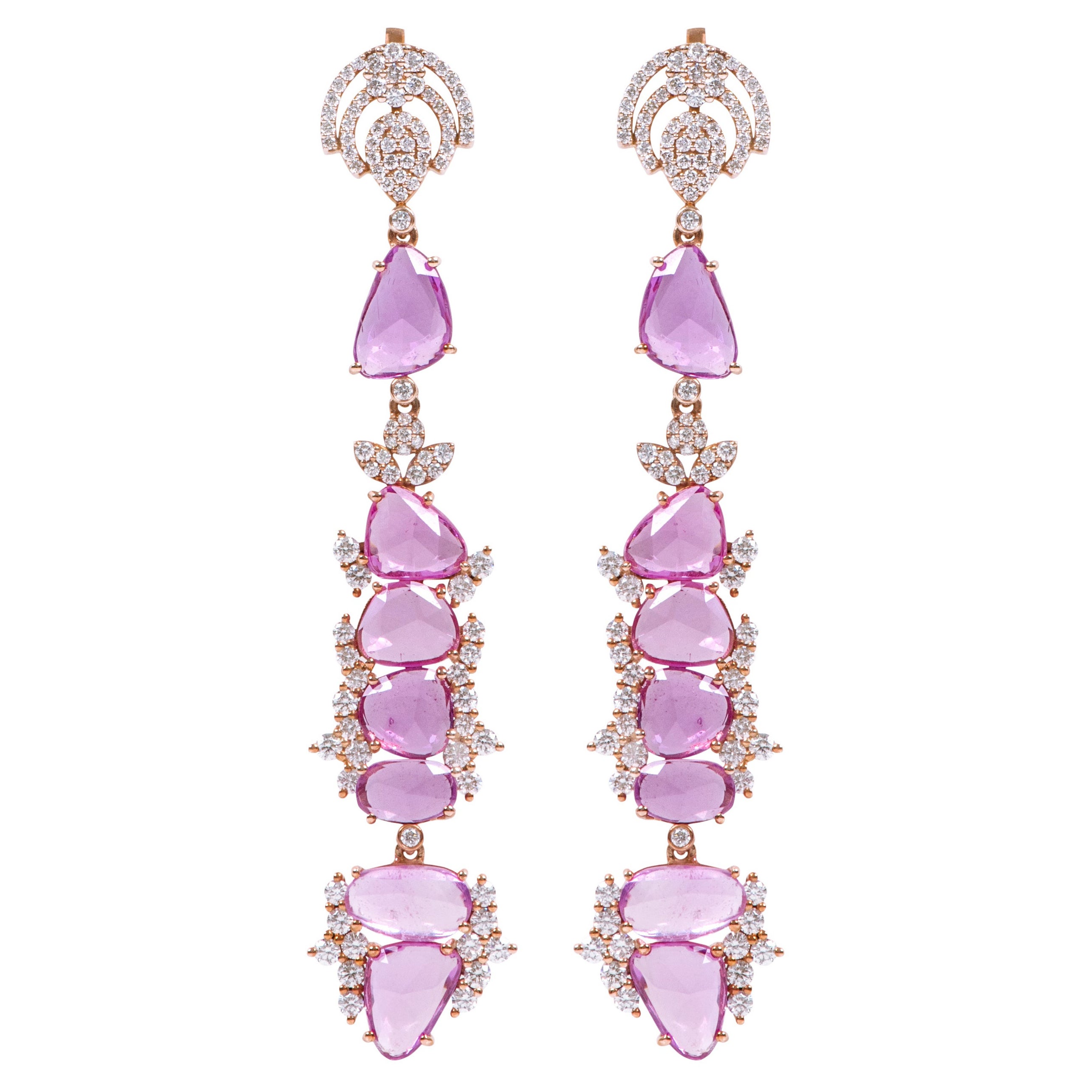 18 Karat Rose Gold 20.70 Carat Pink Sapphire and Diamond Cocktail Drop Earrings