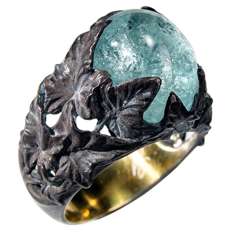 Großer Aquamarin Silber Ring Blauer Beryll Cabochon Efeu Kollektion
