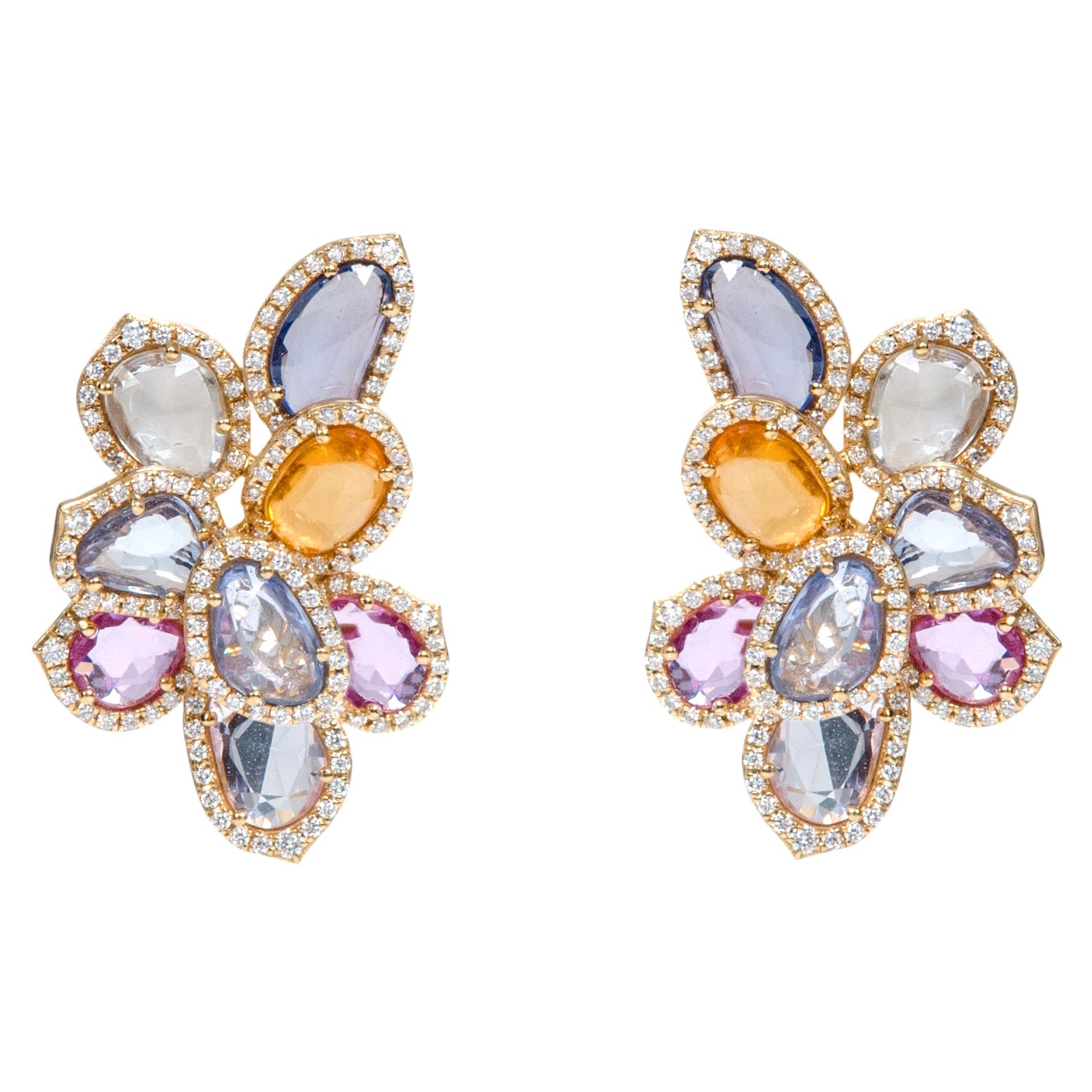 18 Karat Gold 13.56 Carat Multi-Sapphire and Diamond Cocktail Stud Earrings For Sale
