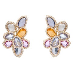 Clous d'oreilles cocktail en or 18 carats avec saphirs multicolores de 13,56 carats et diamants