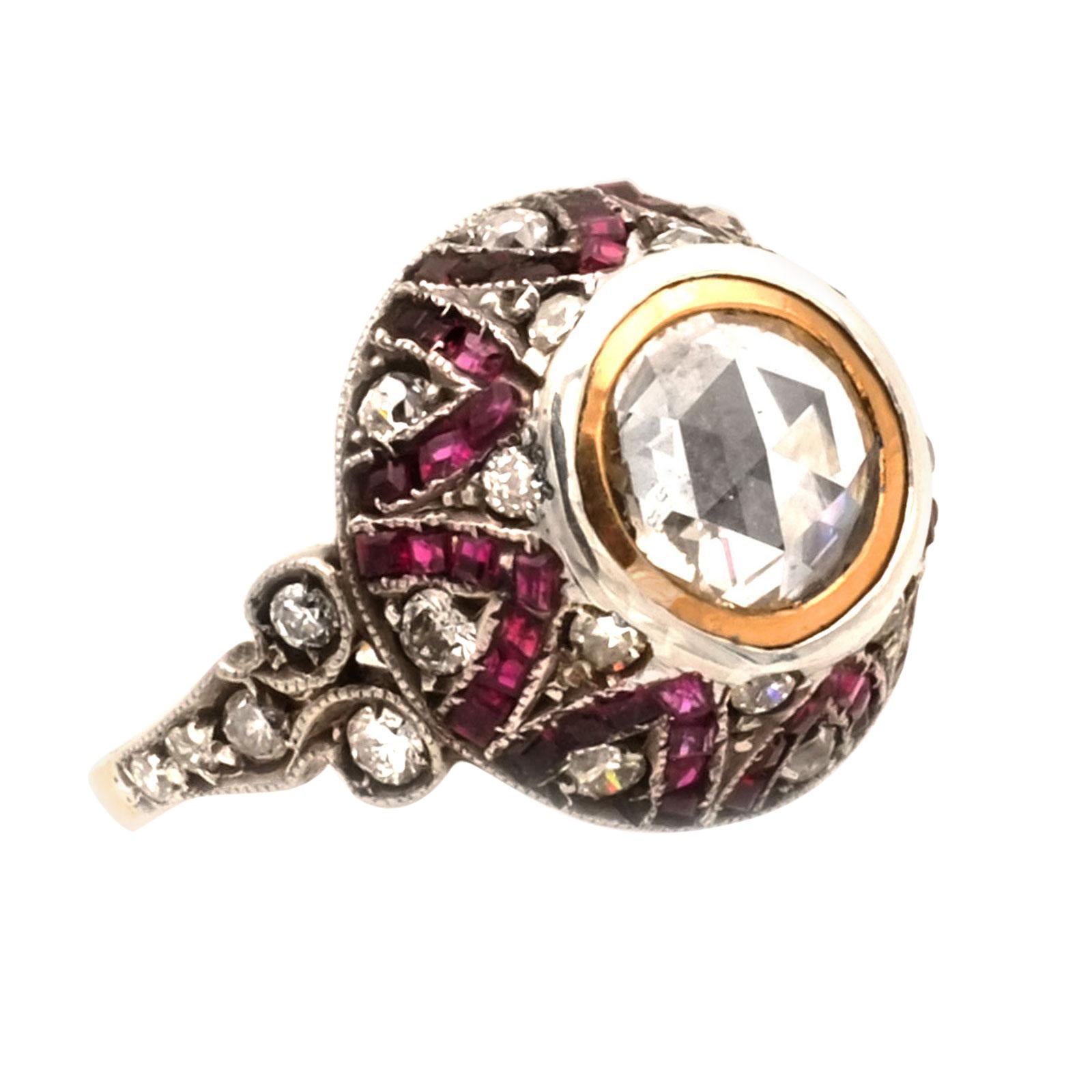 Art Deco 0.8 Carat Rosecut Diamond and Ruby Solitaire Ring, circa 1920