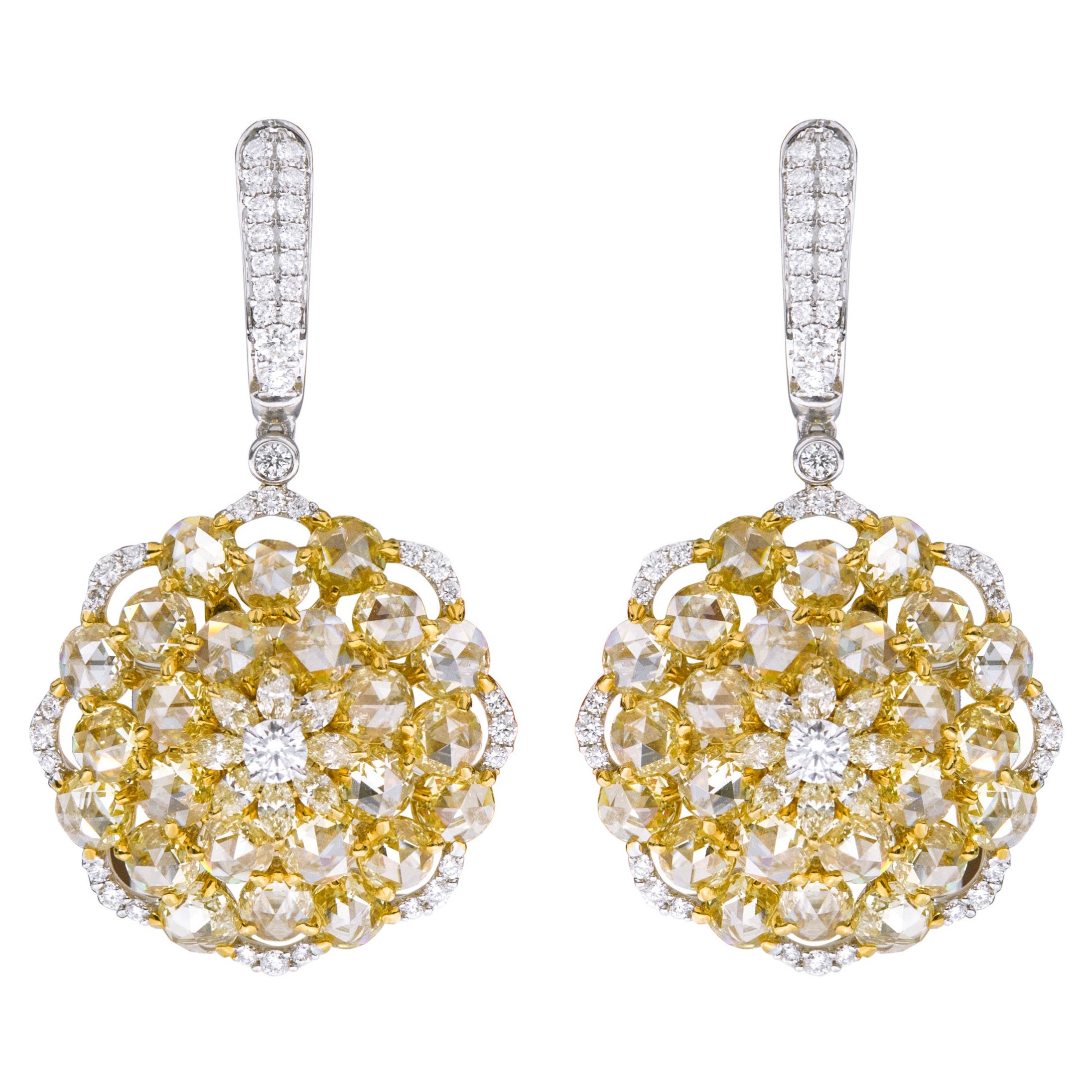 18 Karat Gold 8.69 Carat Yellow and White Diamond Drop Cocktail Earrings For Sale