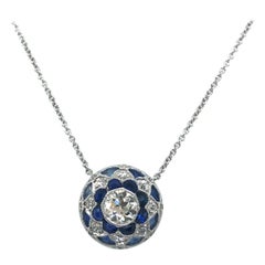 Antique 18 Karat White Gold Platinum Old-Cut Diamonds Sapphires Pendant Necklace