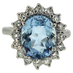 1970's Vintage Aquamarine and Diamond Cluster Ring, 18ct White Gold