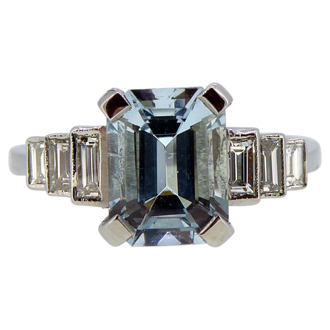 Art Deco Style Emerald Cut Aquamarine Ring, Baguette Diamond Shoulders, Platinum