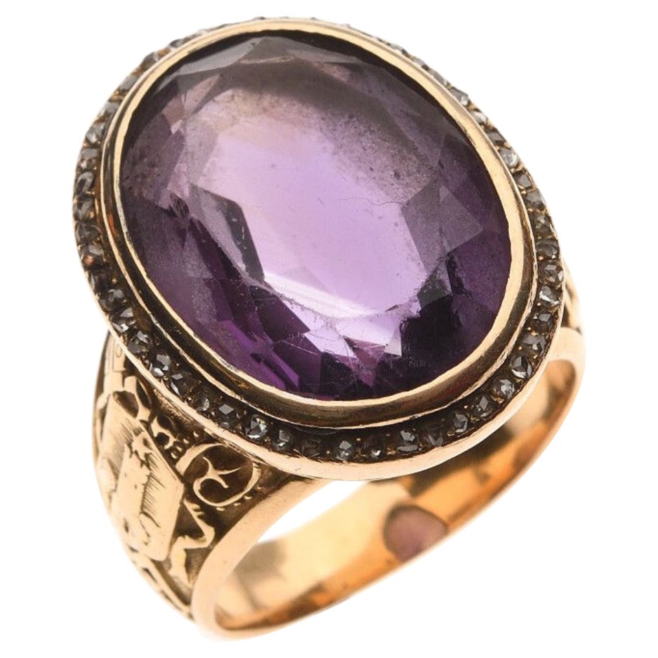 Antique French 18kt Gold Diamond And Amethyst Episcopal Ring