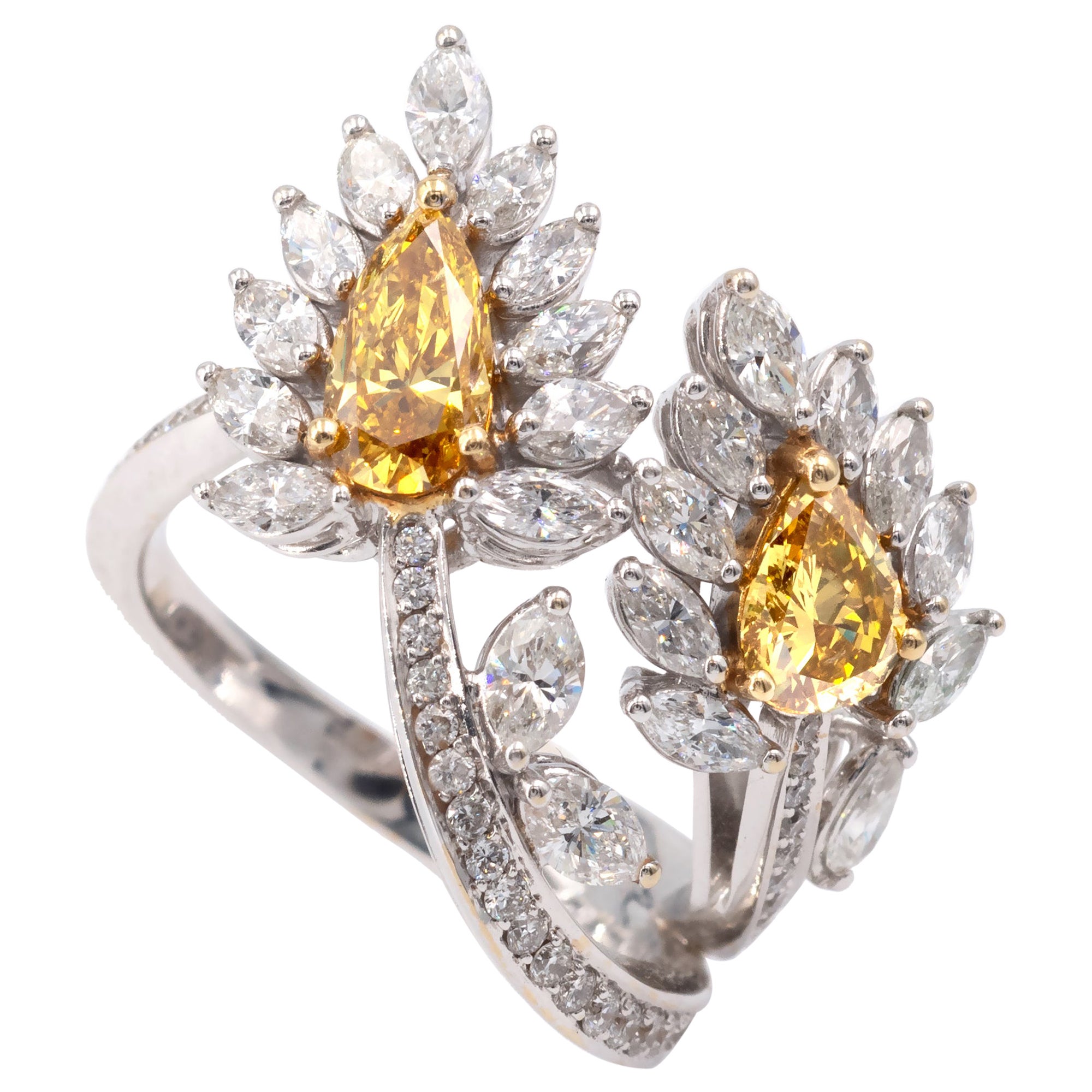 Intense Yellow Diamonds and White Gold Ring For Sale