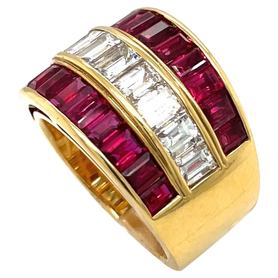 Picchiotti 18KT Yellow Gold Baguette Ruby 4.07Ct & Diamond 2.36CT Band Ring For Sale