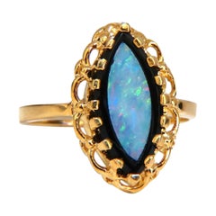 Natural Opal Inlay Black Onyx Vintage Style Ring 14 Karat