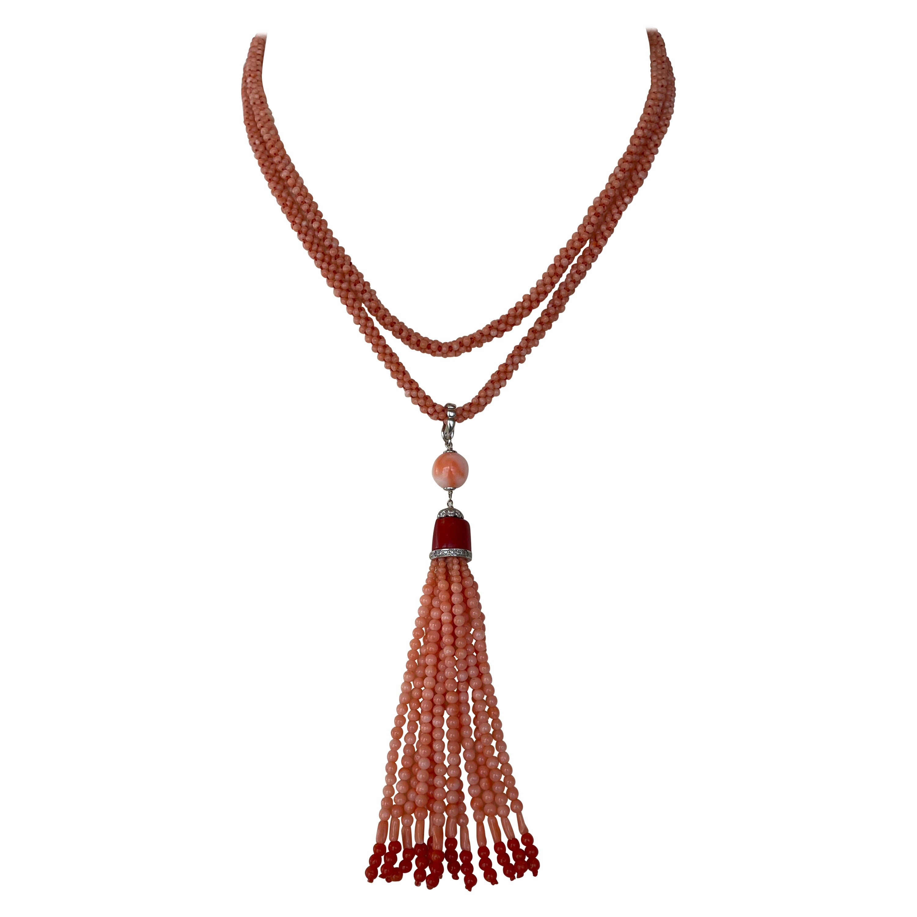 Marian J. Woven Mediterranean Coral Rope Necklace with 14K White Gold and Tassel For Sale