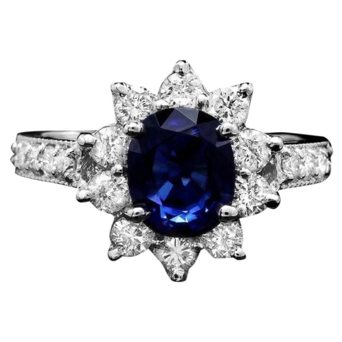 3.30 Carats Natural Blue Sapphire and Diamond 14K Solid White Gold Ring For Sale