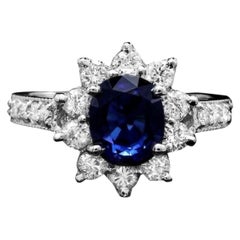 3.30 Carats Natural Blue Sapphire and Diamond 14K Solid White Gold Ring