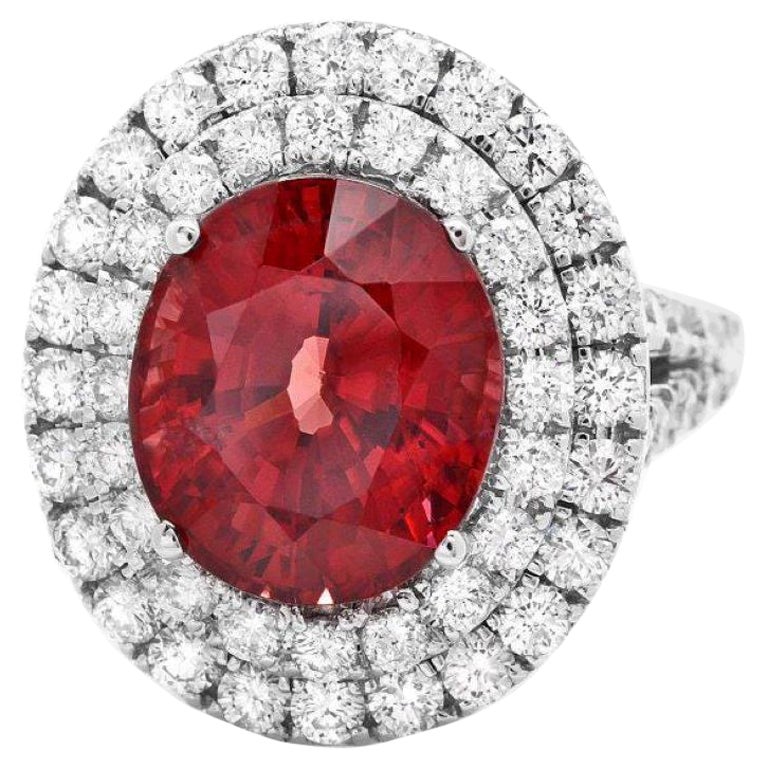 10.40 Carats Natural Red Zircon and Diamond 14K Solid White Gold Ring For Sale