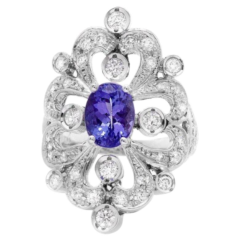 3.00 Carats Natural Tanzanite and Diamond 14K Solid White Gold Ring For Sale