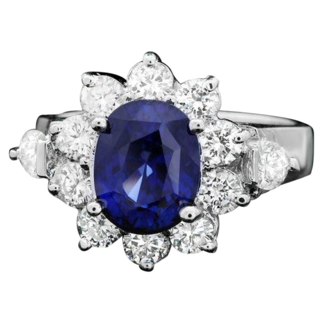 Bague en or blanc massif 14 carats avec saphir bleu naturel de 4,10 carats et diamants