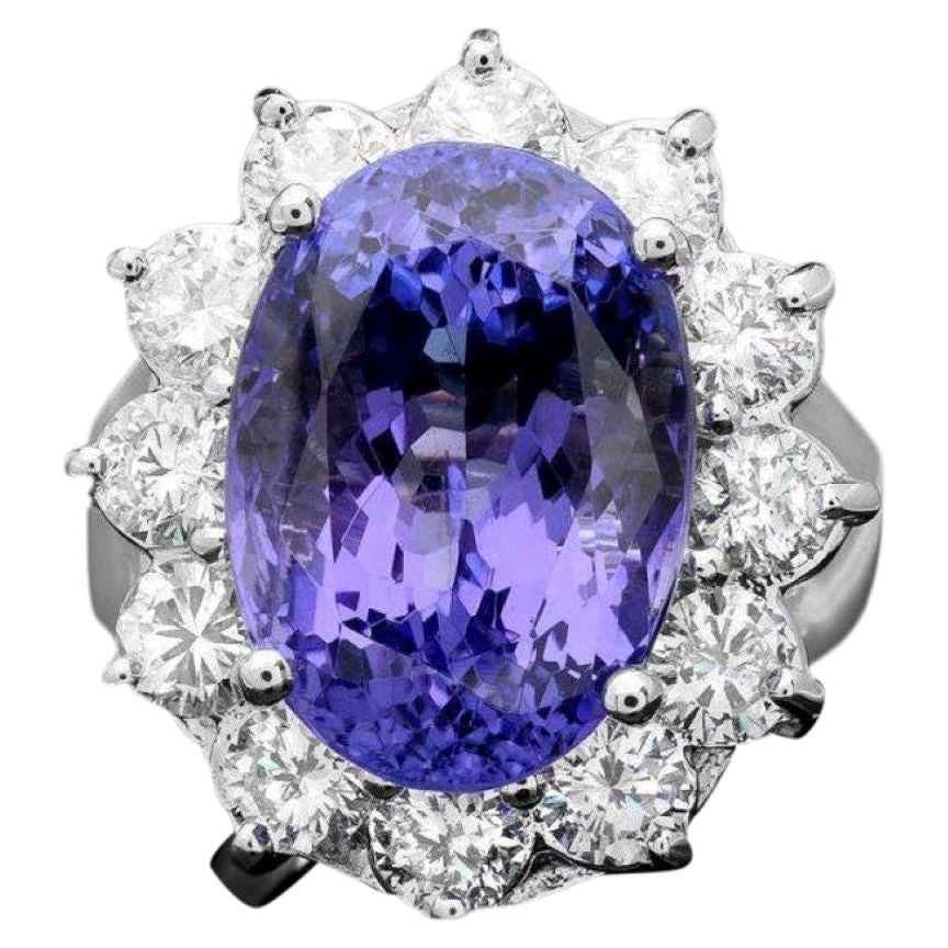 13.40 Carats Natural Tanzanite and Diamond 14K Solid White Gold Ring For Sale