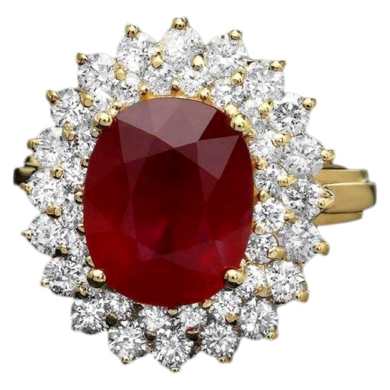 7.00 Carats Natural Red Ruby and Diamond 14K Solid Yellow Gold Ring For Sale