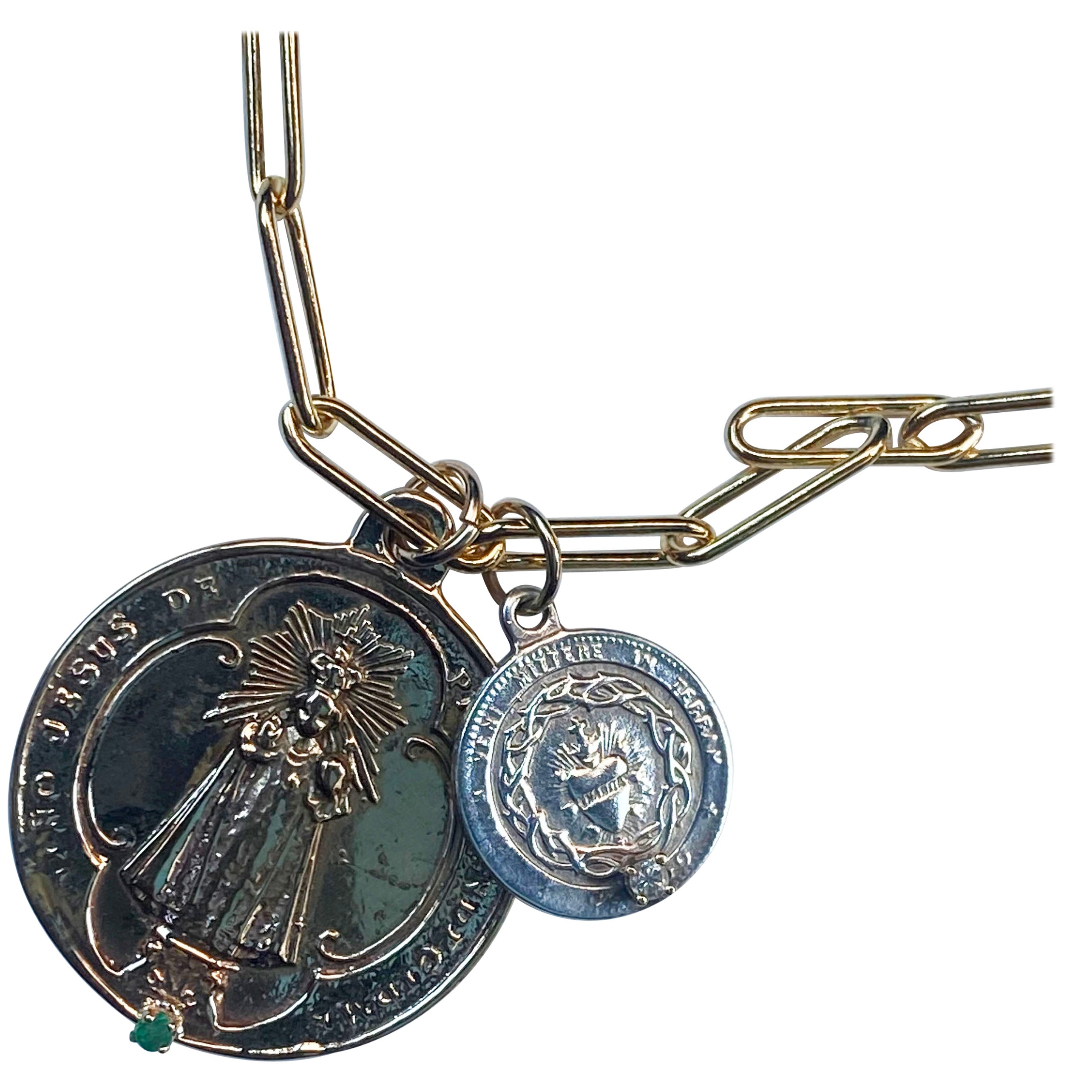 Chaîne collier médaillons Médailles cœur de Vierge Marie émeraude aigue-marine J Dauphin
