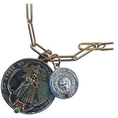 Chaîne collier médaillons Médailles cœur de Vierge Marie émeraude aigue-marine J Dauphin