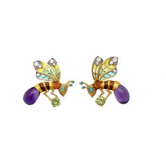 Masriera 18KT YG Bumblebee Earrings with Diamond, Amethyst, Peridot & Enamel