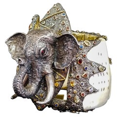 10+ Carat Sapphire Ruby Gem Shell Elephant Cuff Bracelet Objet d'Art Silver Gold