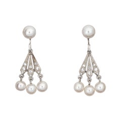 Cultured Pearl Diamond Fan Drop Earrings Vintage 14k White Gold Estate Jewelry