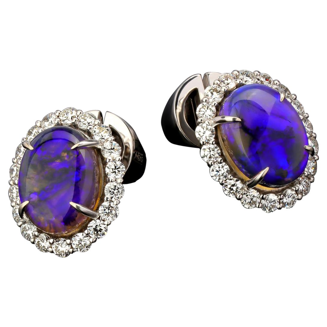 Black Opal Diamond White Gold Stud Earrings Diamonds Unisex Classic For Sale