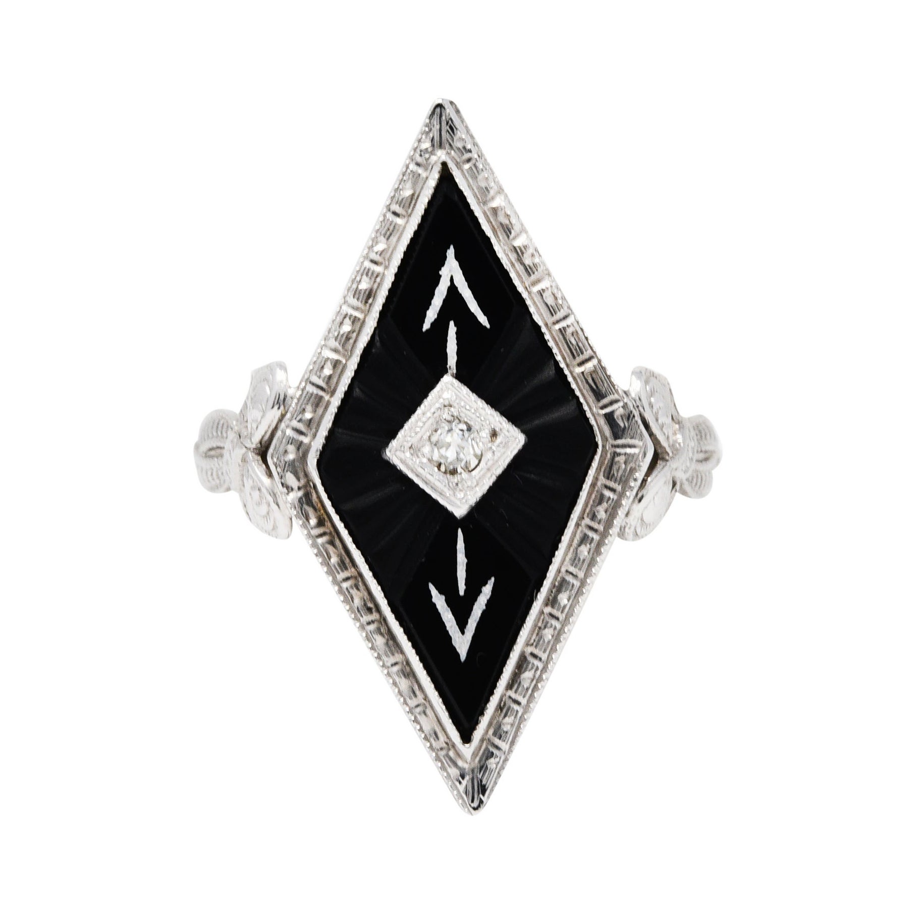 Art Deco Diamond Onyx 14 Karat White Gold Navette Dinner Ring